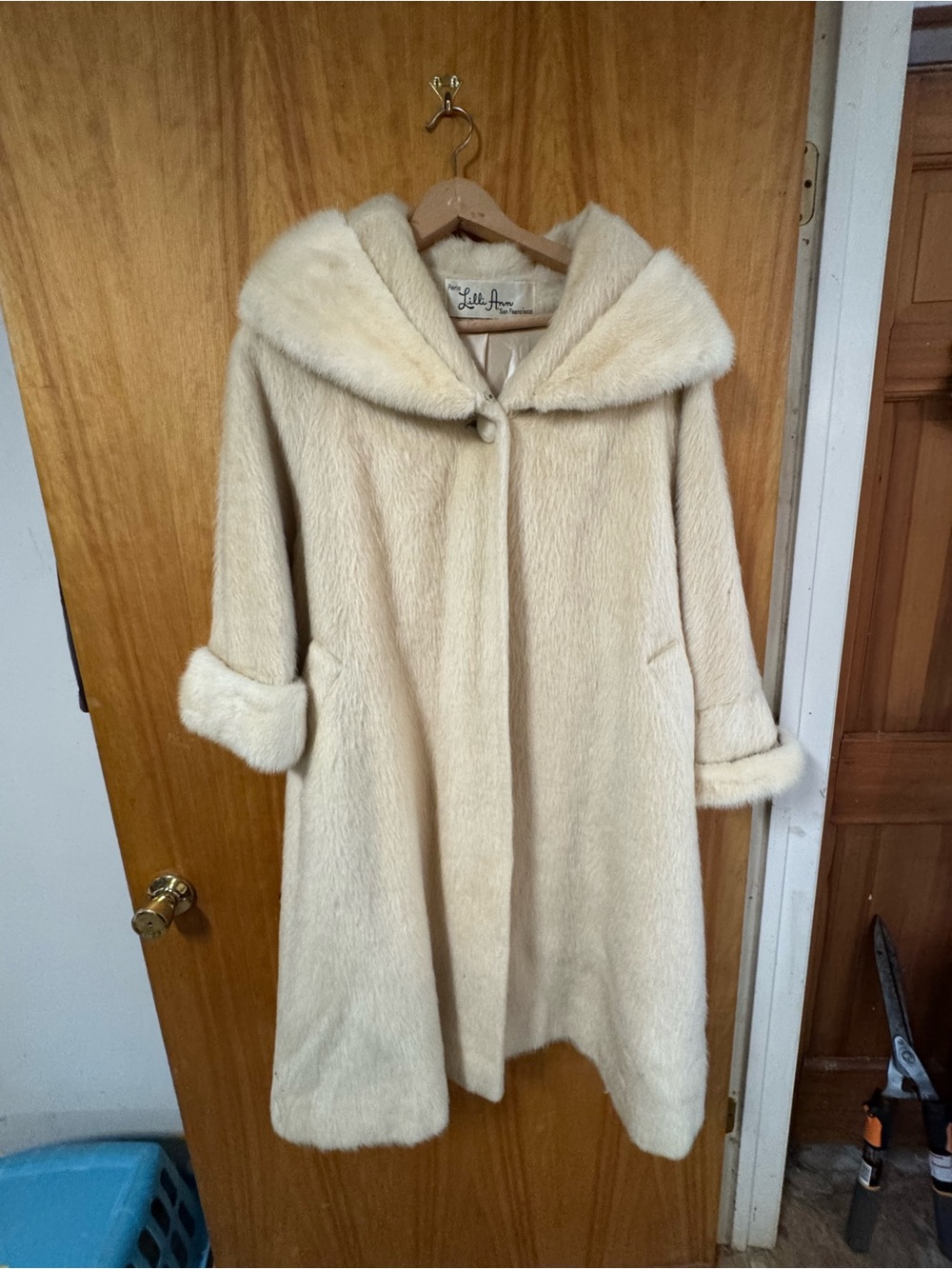 Vintage 1950s Lilli Ann Cream Hooded Faux-Fur Swing Trench Coat